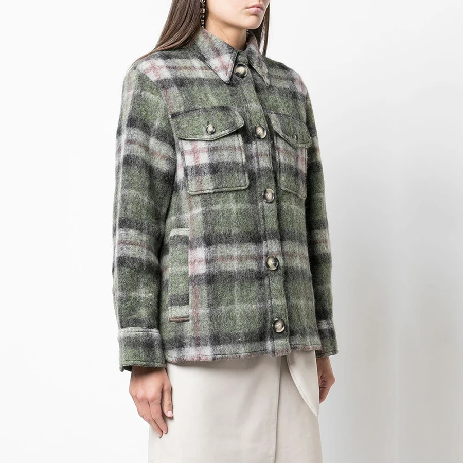 

2019 Plaid Hit Color Women Coats and Jackets Trun-down Collar Single Breasted Wide-waisted Style Elegant Women Coats