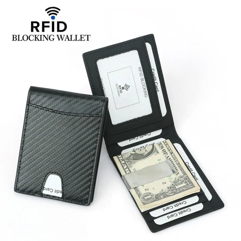 Billetera delgada de cuero con Clip para dinero para hombre, funda de bloqueo RFID de fibra de carbono, monedero pequeño negro