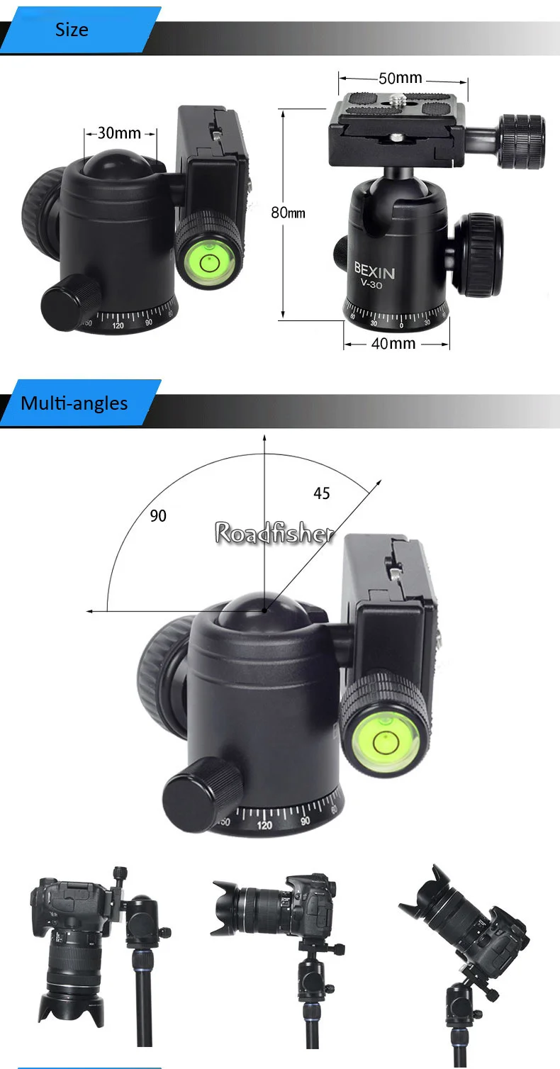 Roadfisher Aluminum Alloy 360 degree Rotatable Ball Head Holder Quick Release Plate For Photography Digital DSLR Camera Tripod