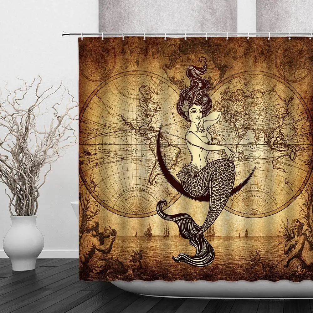 

Винтажная карта мира, морская путь, пикантная Русалка, морская жизнь, античное искусство, Ностальгический дизайн, украшение для ванной комнаты