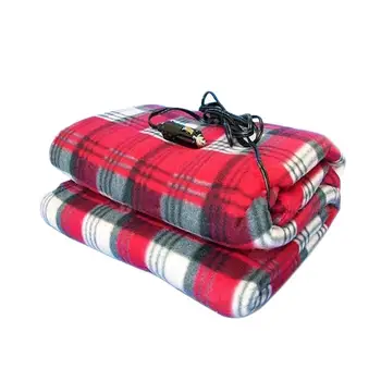 

12V Car Heated Polar Fleece Red Plaid Warm Throw Travel Electric Blanket For Outdoor Traveling