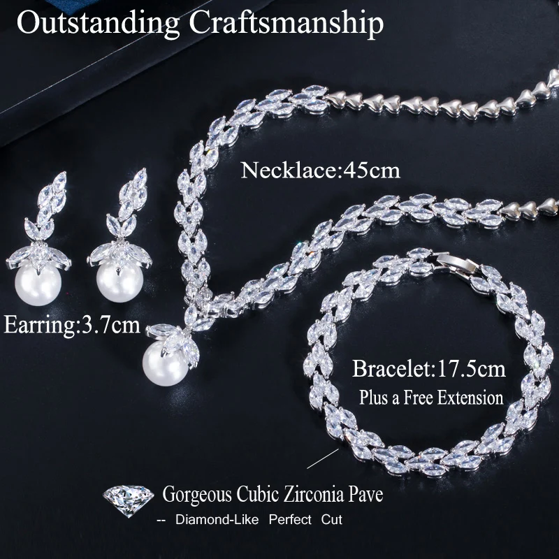CWWZircons 3 Piece Sparkling CZ Dangle Drop Pearl Bridal Wedding Party Necklace Earrings Bracelet Jewelry Sets for Women T252|jewelry sets