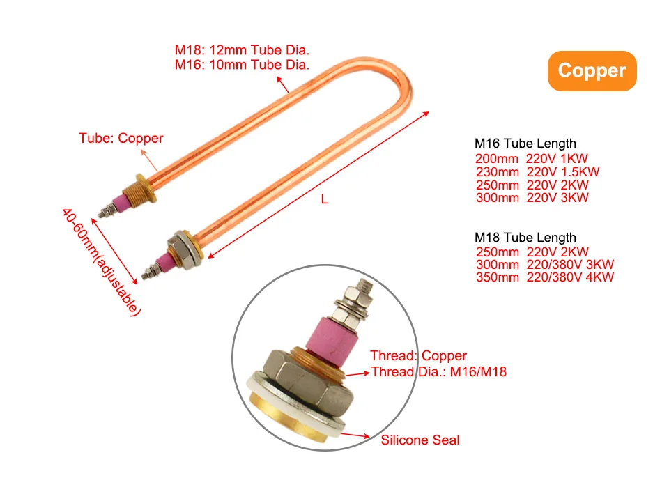 Медный нагревательный элемент для кухонной утвари M16 с резьбой U Тип нагревательной трубы 220 В один u-образный нагревательный элемент 1 кВт/1,5 кВт/2 кВт/3 кВт
