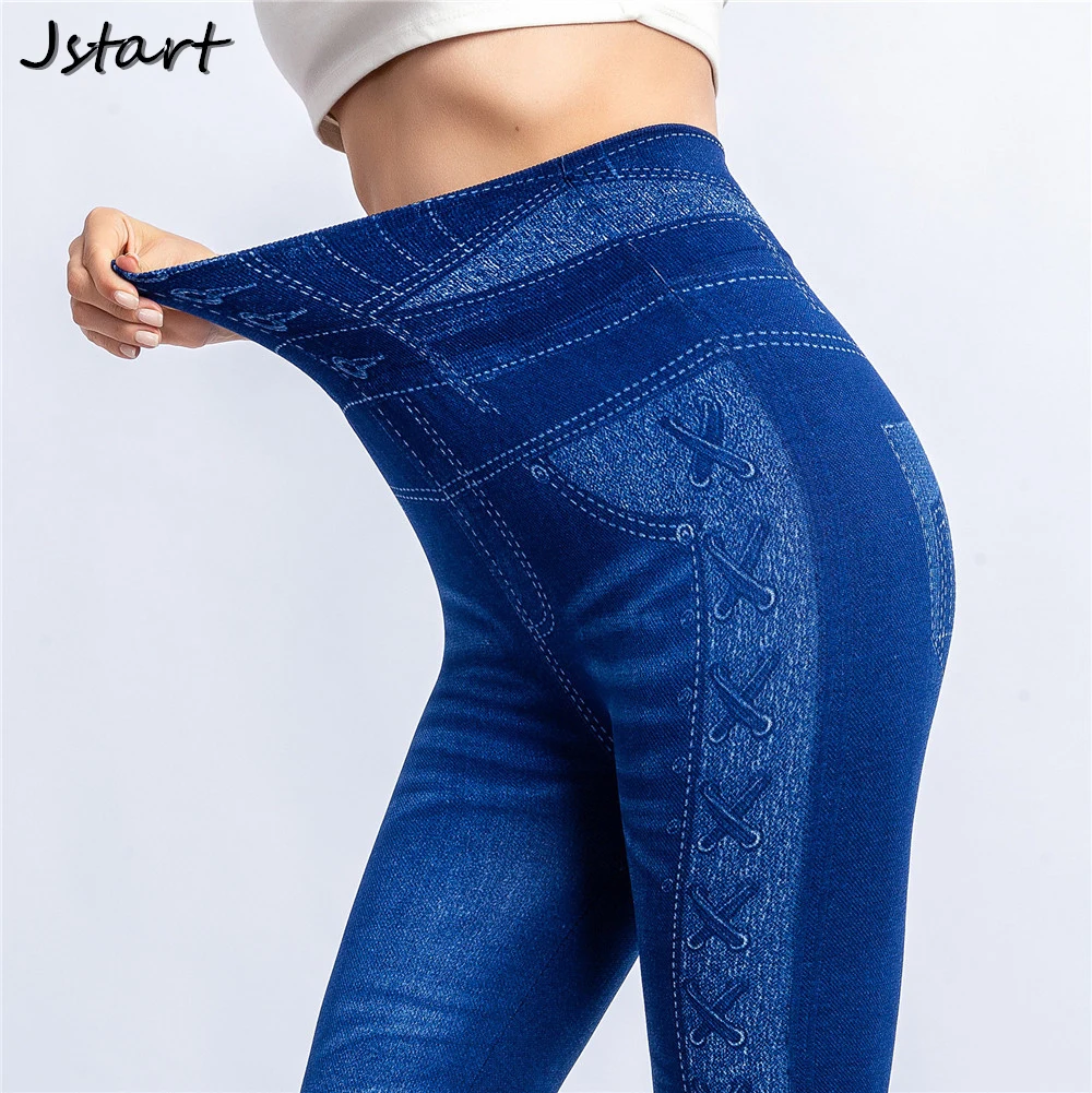 

Women Elastic Pants Breathable Thin Slim Autumn High Waist Hip Lift Booty Bottom Bodycon Printing Imitation Jeans 3XL