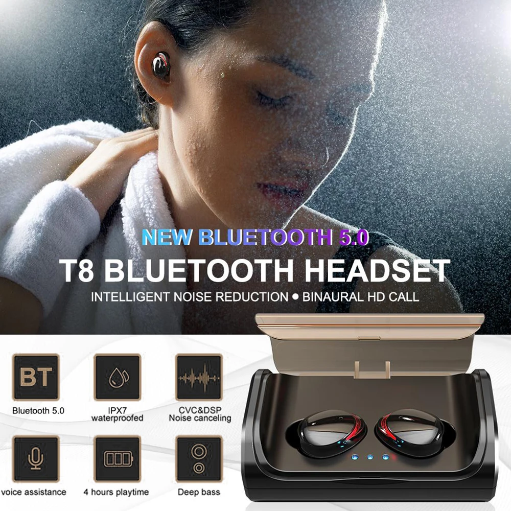Teamyo T8 TWS bluetooth-наушники 5,0 беспроводные наушники-вкладыши 8D Bass стерео IPX7 водонепроницаемая Спортивная гарнитура с зарядным устройством