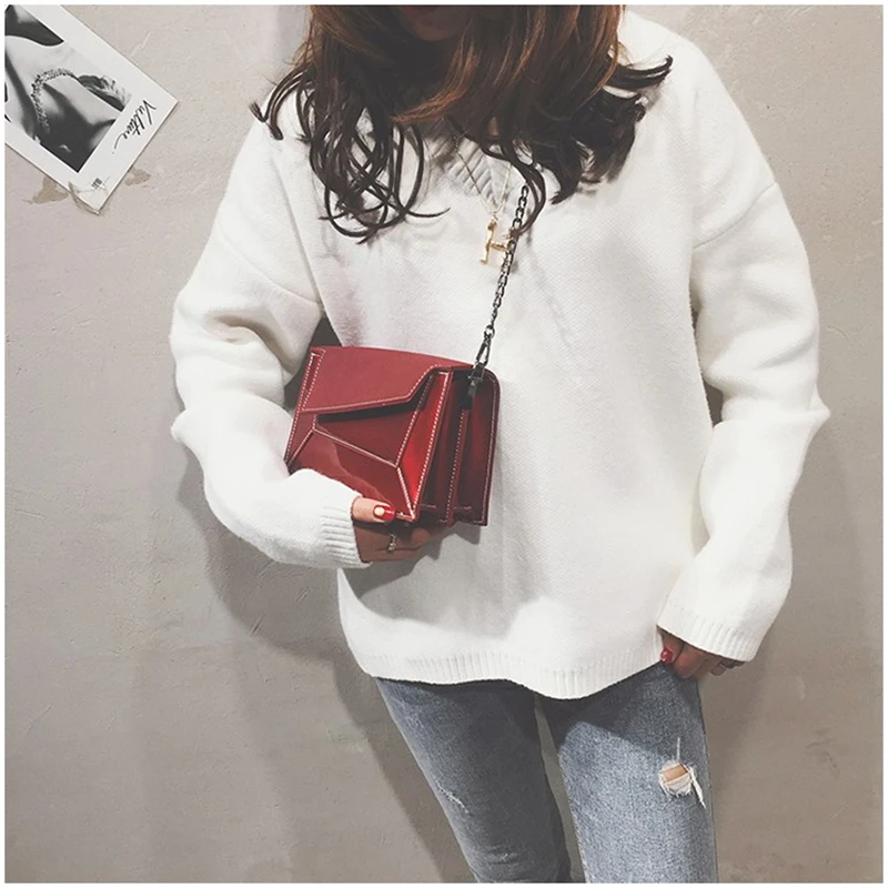 MOFFT Luxury Solid Color Women Patent Leather Messenger Bags Flap Crossbody Bags Geometric Pattern Long Metal Chain Fresh - Цвет: Красный