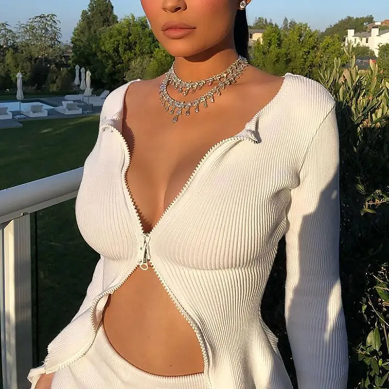 

2019 Female T-shirt Autumn harajuku Sexy Deep V Front Zipper Ribbed Slim Fit Tshirt Long Sleeved Knitted White Black T Shirt