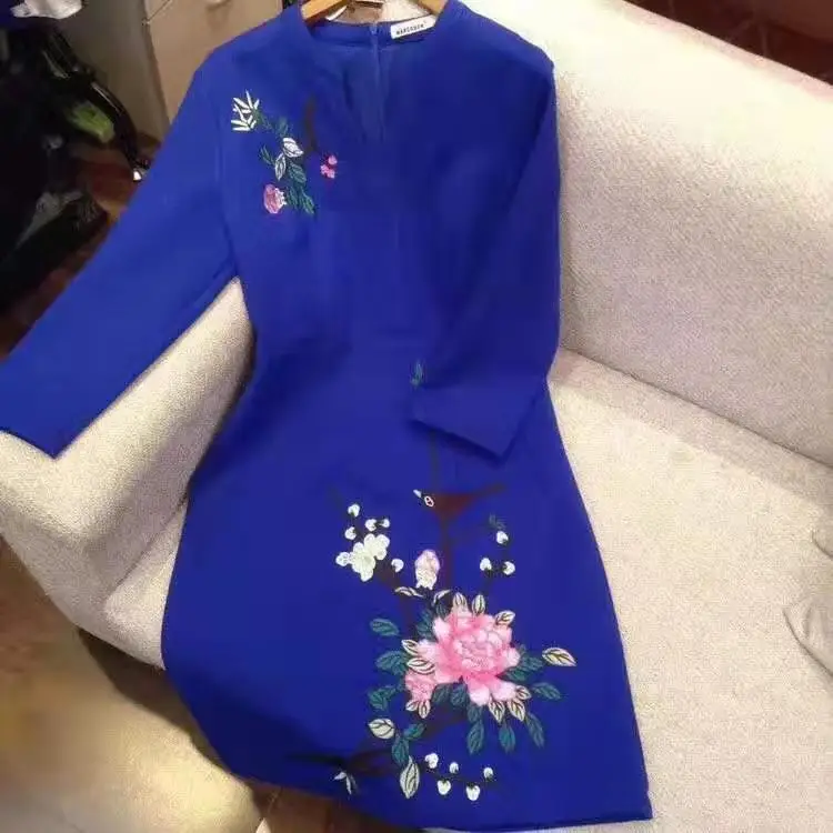 blue XXXL платье Vestidos весна лето Вечерние Розовые красные синие платья женские с v-образным вырезом милые птицы Цветочная вышивка платье одежда - Цвет: blue