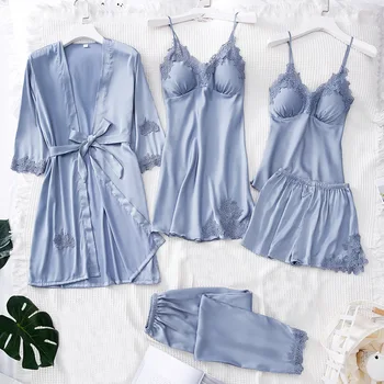 

Casual Home Clothing 5PCS Robe Set Satin Female Kimono Bathrobe Gown Sleep Suit Nightgown Sexy Lace Trim Sleepwear Lounge