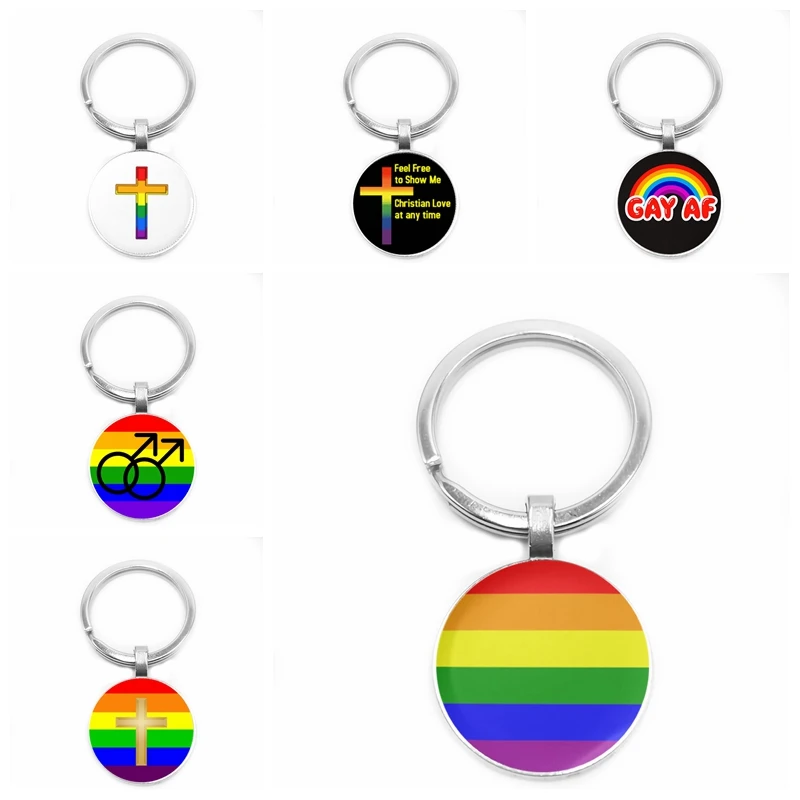 

2019 New LGBT Rainbow Flag Keychain Lesbian Gay Pride Parade Keychain High Quality Handmade Glass Cabochon Key Ring Holder