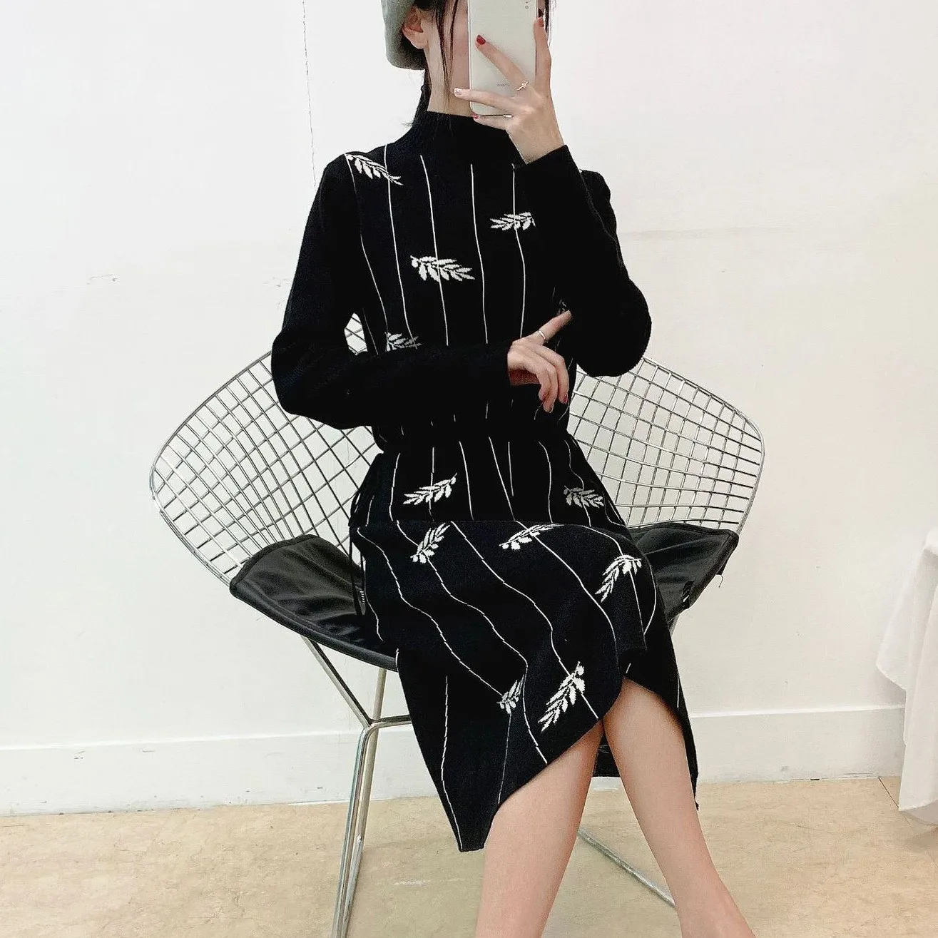 

2019 Women Sweater Dress A Line Mid Printing Dress Long Sleeve Embroidery Dresses