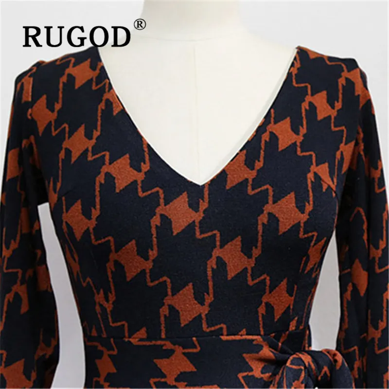 RUGOD корейское сексуальное облегающее платье для женщин, v-образный вырез, узор в клетку, на шнуровке, тонкое вязаное платье, модные элегантные винтажные женские платья