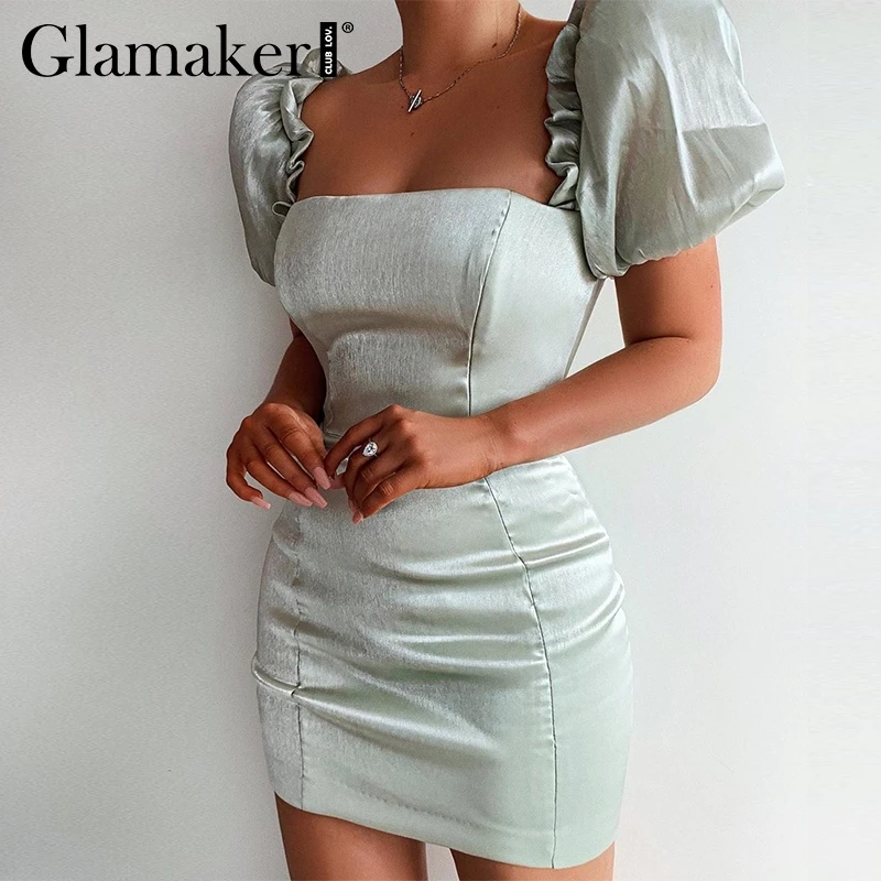 Glamaker, сексуальное облегающее осеннее платье с оборками и квадратным воротником, женское короткое платье с пышными рукавами, элегантное женское Клубное платье, вечерние платья