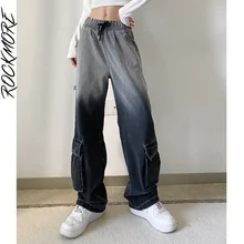 Rockmore Gradient Tie Dye Jeans Women's Baggy Wide Leg Pants Y2K Boyfriend Pockets Cargo Denim Trousers Retro Streetwear Korean