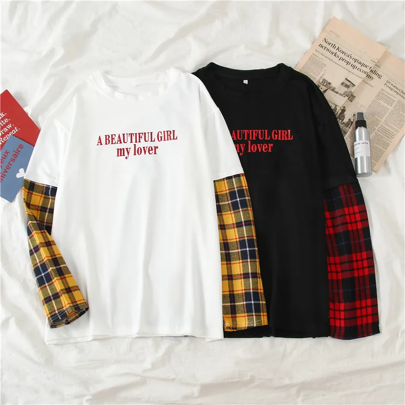 Женская футболка с буквенным принтом, Harajuku Kawaii Ulzzang, топы, уличная одежда, 2 штуки, клетчатые рукава, футболка для друзей, Femme