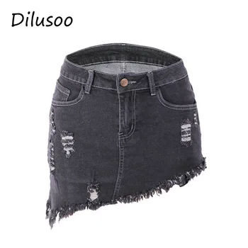 

Dilusoo Women Summer Casual Denim Skirts Middle Waist Holes Mini Pencil Skirts High Street Pockets Ladies Irregular Jeans Skirt