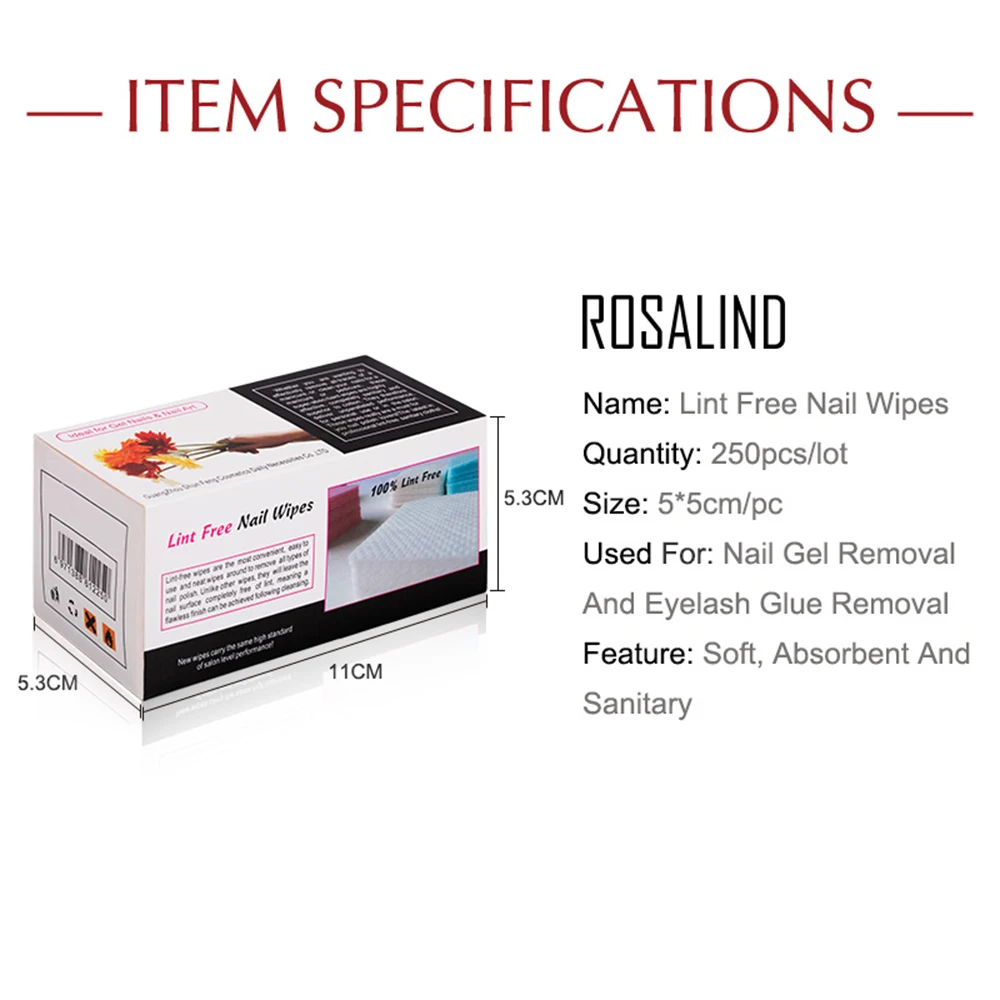 ROSALIND 250 шт/партия безворсовые салфетки для ногтей Дизайн ногтей Очищающие Салфетки Для гель-лака удалить чистые хлопковые подушечки для ногтей бумага