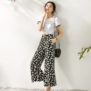 

Summer Fashion Beach Style Twin Sets Flower Daisy Embroidery T-shirt Loose Elastic Trousers Quality Casual Two Pieces Sets