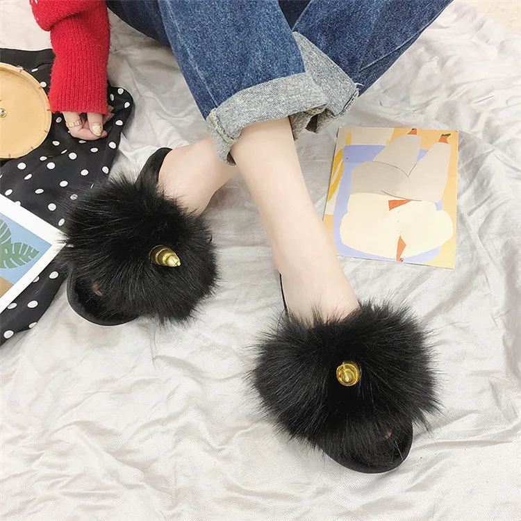 COOTELILI Winter Women Home Slippers with Faux Fur Fashion Warm Shoes Woman Slip on Flats Female Slides Black Christmas Gift