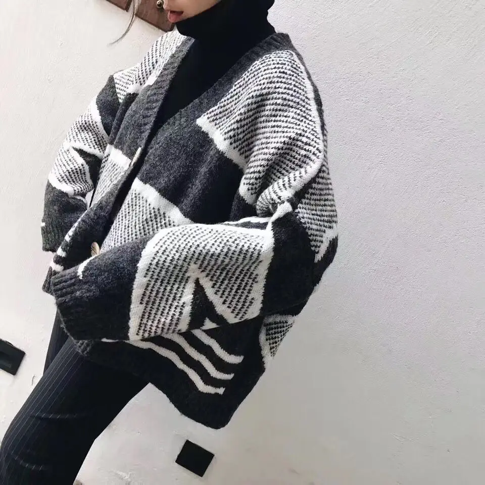 Корейский Ulzzang ins геометрический зимний теплый шикарный винтажный вязаный кардиган Harajuku с длинным рукавом Женские куртки с открытой строчкой