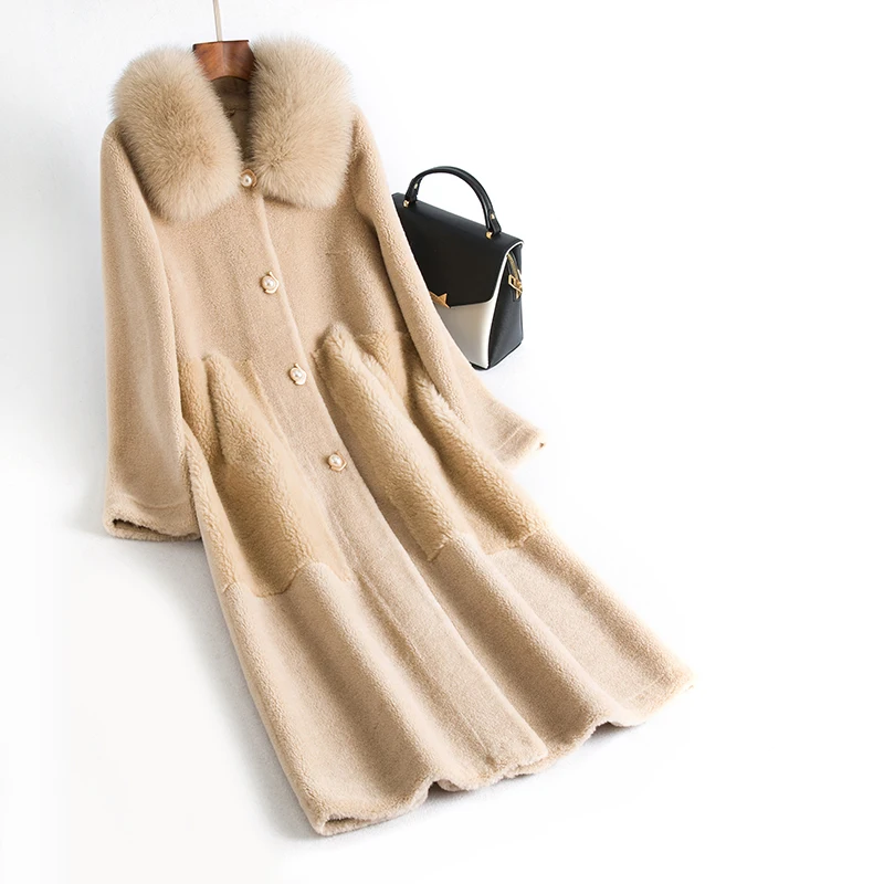 Fox Fur Collar Real Fur Coat Streetwear Wool Jacket Autumn Winter Coat Women Clothes Korean Sheep Shearling Suede Lining