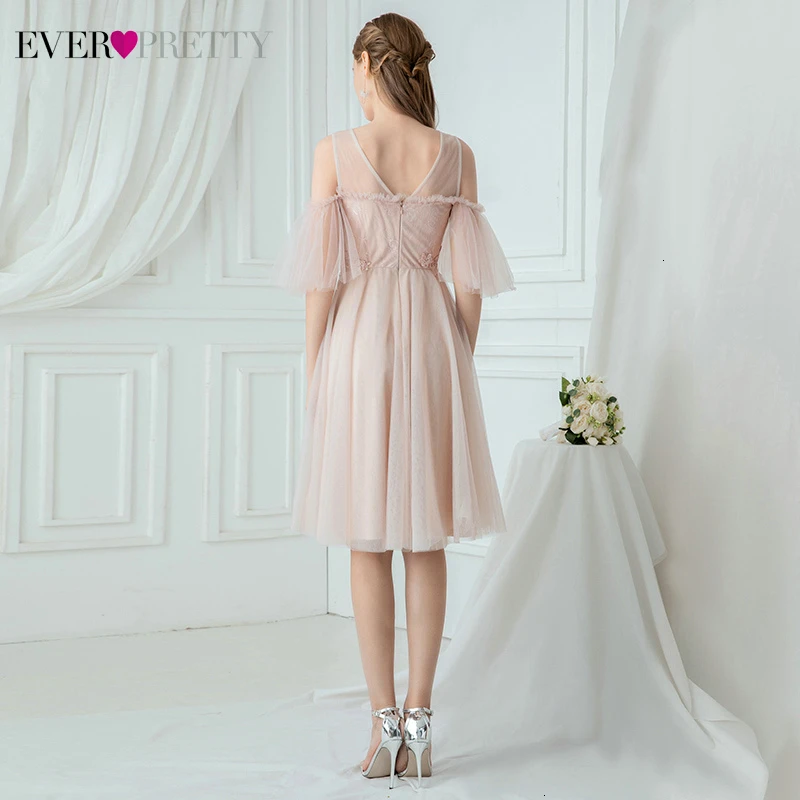 Элегантные короткие платья подружки невесты Ever Pretty Applqiues трапециевидной формы с круглым вырезом и оборками с коротким рукавом из тюля Свадебные платья для гостей Sukienki