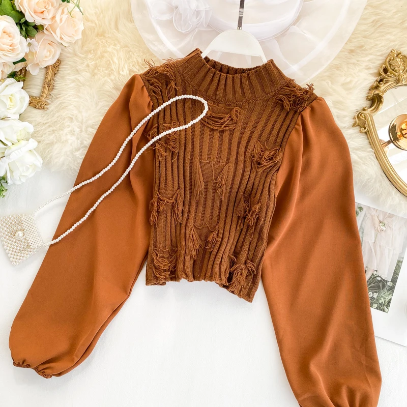 Neploe Autumn Fashion Slim Pull Jumpers Short Turtleneck Vintage Pullover Knitwear Lantern Sleeve Patchwork Knitted Tops 55529
