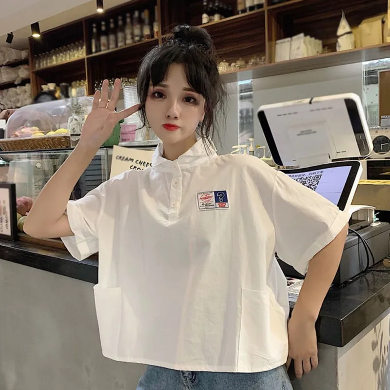 

Solid Plus Size T-Shirts Women Turn-down Collar Loose T-Shirt Short Sleeve Buttons Tops Ladies Pockets Casual t-Shirt