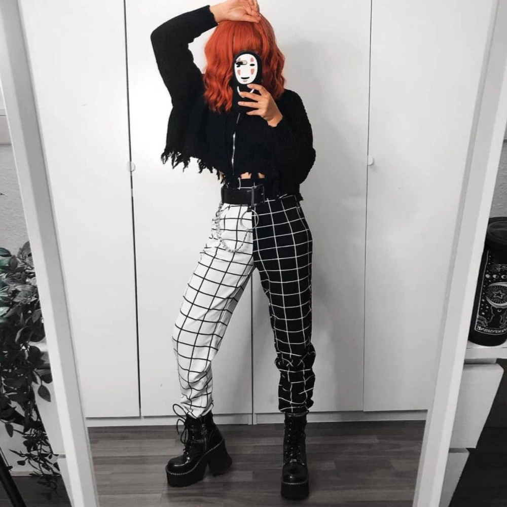 Женские клетчатые брюки с завышенной талией в Корейском стиле Харадзюку