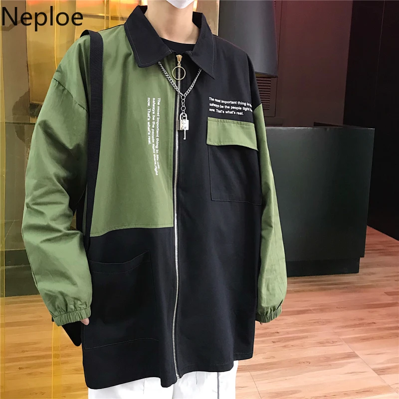 Neploe/Осенняя Новинка, куртки для влюбленных в стиле Харадзюку, модная куртка-поло с воротником в стиле пэчворк, Abrigo Mujer, ретро, Свободное пальто с буквенным принтом для женщин, 45798