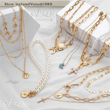 

VKME boho Multi-layer necklace Party BIRTHDAY Wear Pearl Moon Coin Heart Shaped Cross Pendant for women necklace Jewellery