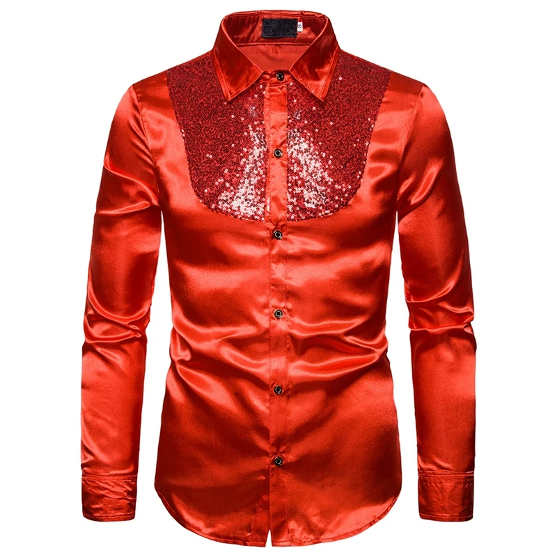Red SHUJIN, мужские Роскошные Рубашки с блестками, с длинным рукавом, шелковые, атласные, блестящие, вечерние, для дискотеки, мужские рубашки, рубашки для сценических танцев - Цвет: Red