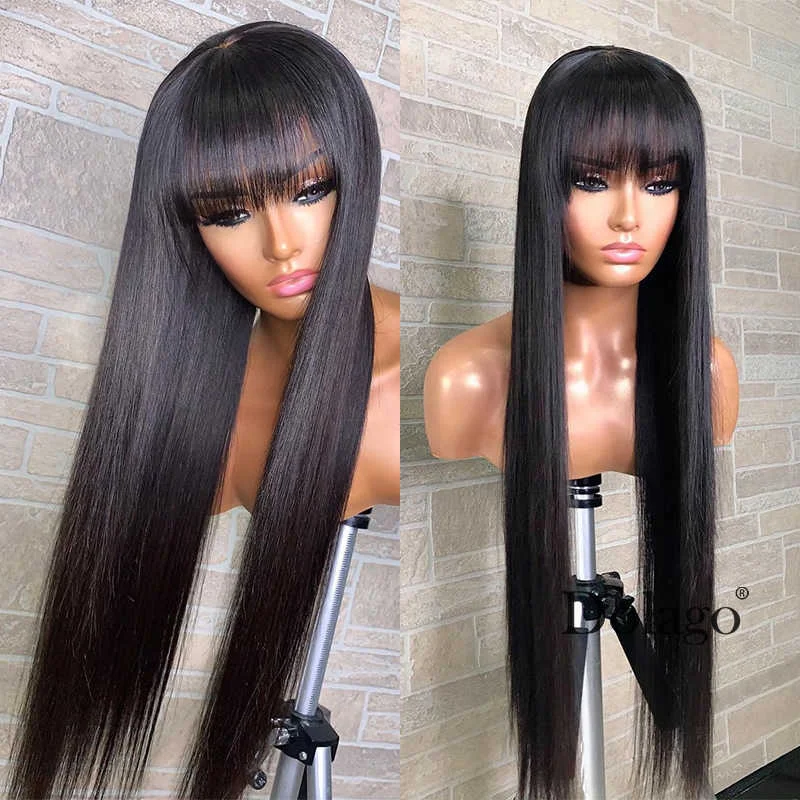 Haever 32inch Straight Human Hair Wigs With Headband Scarf 180% Full Machine Made Wig For Black Women Bangs | Шиньоны и парики
