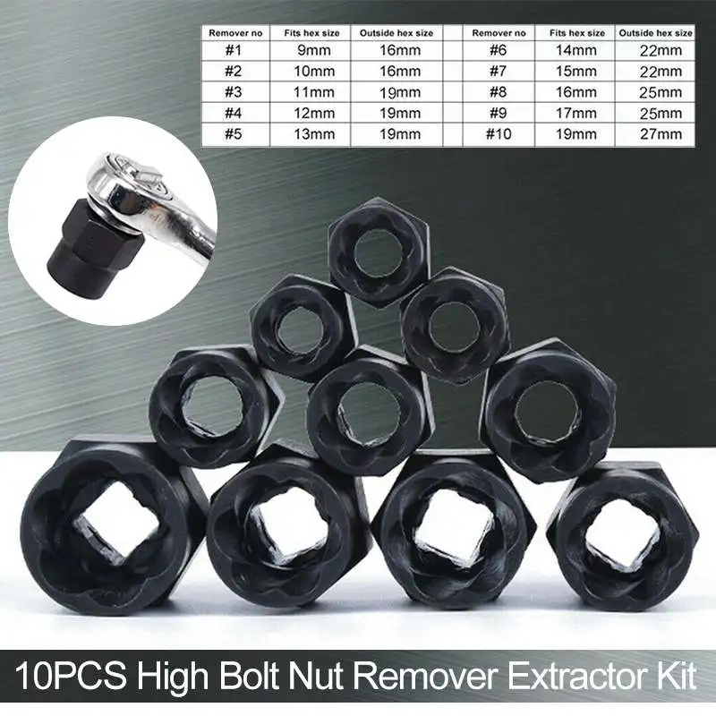 

10PCS/Lot Damaged Bolt Nut Screw Remover Extractor Removal Set Threading Tools Kit for 9mm to 13mm Head Nuts