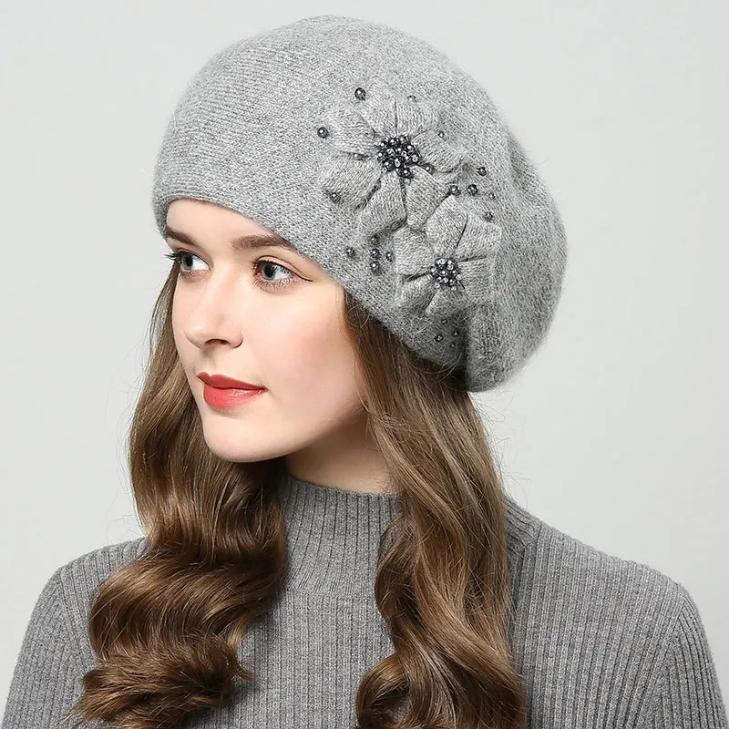 Autumn Winter Hat Women Rabbit Fur Double Layer Casual Flower Warm Beret Femme - Цвет: Grey