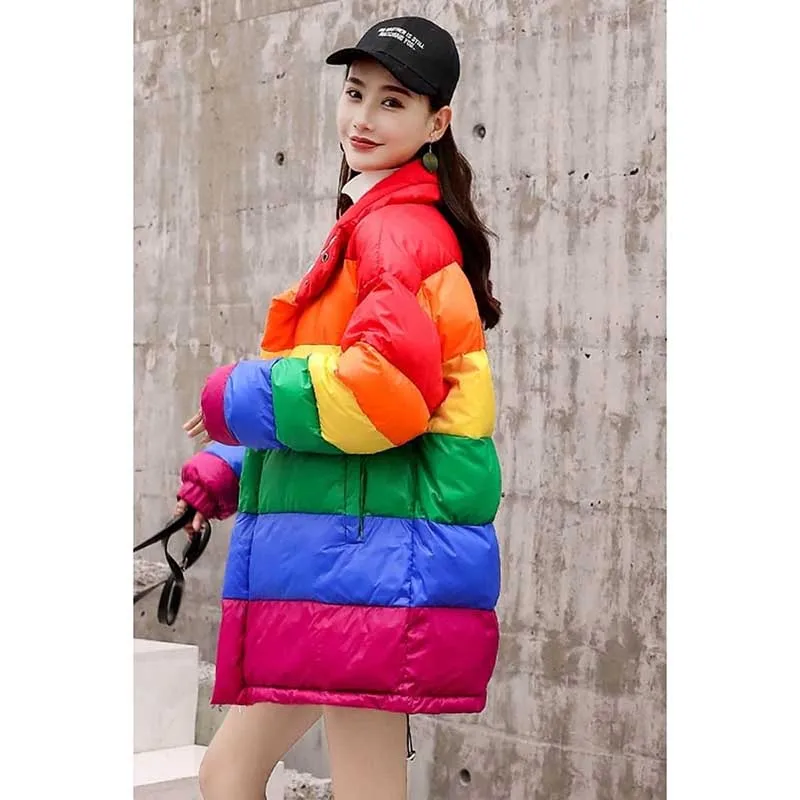 NiceMix Harajuku Parkas Радужное Полосатое пальто Женская свободная куртка с длинными рукавами зимняя теплая верхняя одежда Femme Chaqueta Mujer