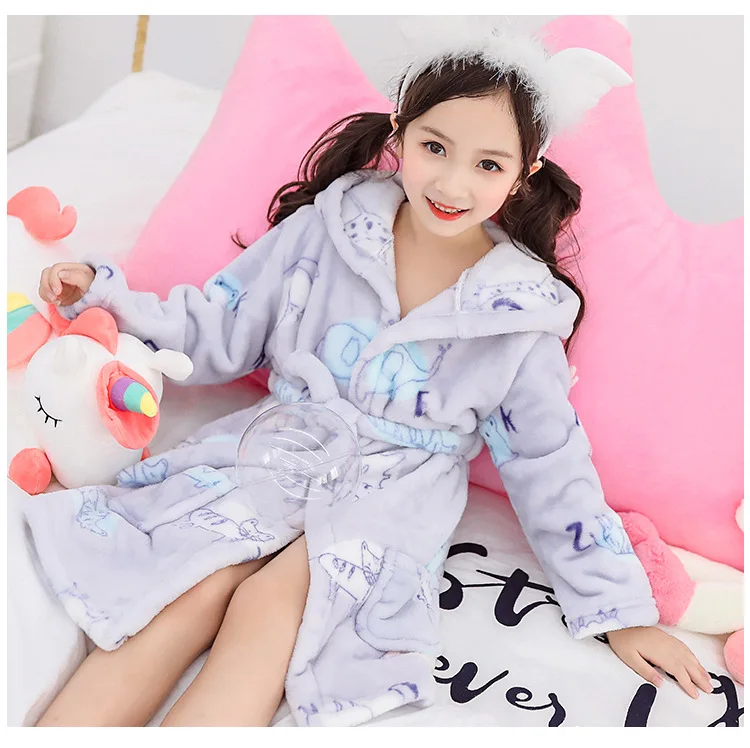Cartoon Children Flannel Pajamas Boys Girls Robes Soft Thicken Hooded Bath Robes Long Sleeve Warm Lovely Child Home Clothing
