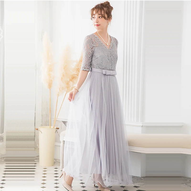 Bridesmaid Dresses Lace Top Wedding Guest Dress K313 V-Neck Floor Length  Formal Gowns Half Sleeve Zipper Vestido De Festa Longo