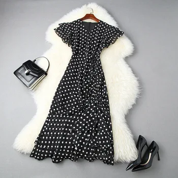 

Elegant V-neck White Black Polka Dot Ruffles Mermaid Dress Women 2020 Summer Runway Vintage Draped Midi Chiffon Dress