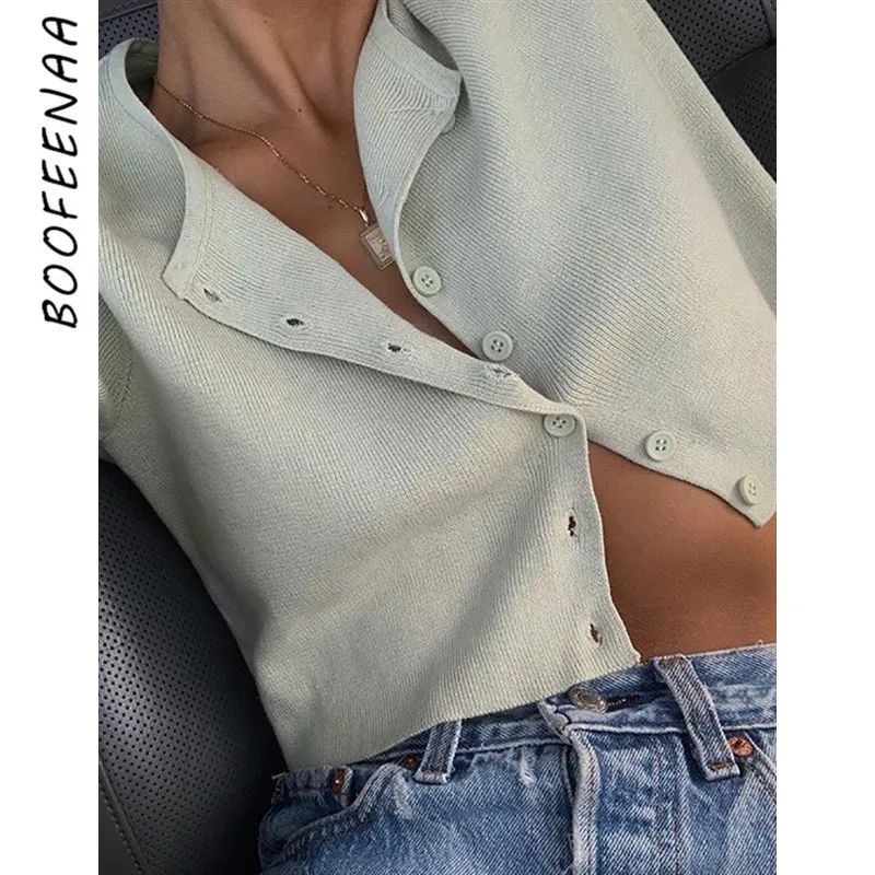 BOOFEENAA Light Green Casual Sexy Cardigan Ribbed Knitted Crop Sweater Shirts Women Fall Winter Clothes Long Sleeve Tops C71AZ88