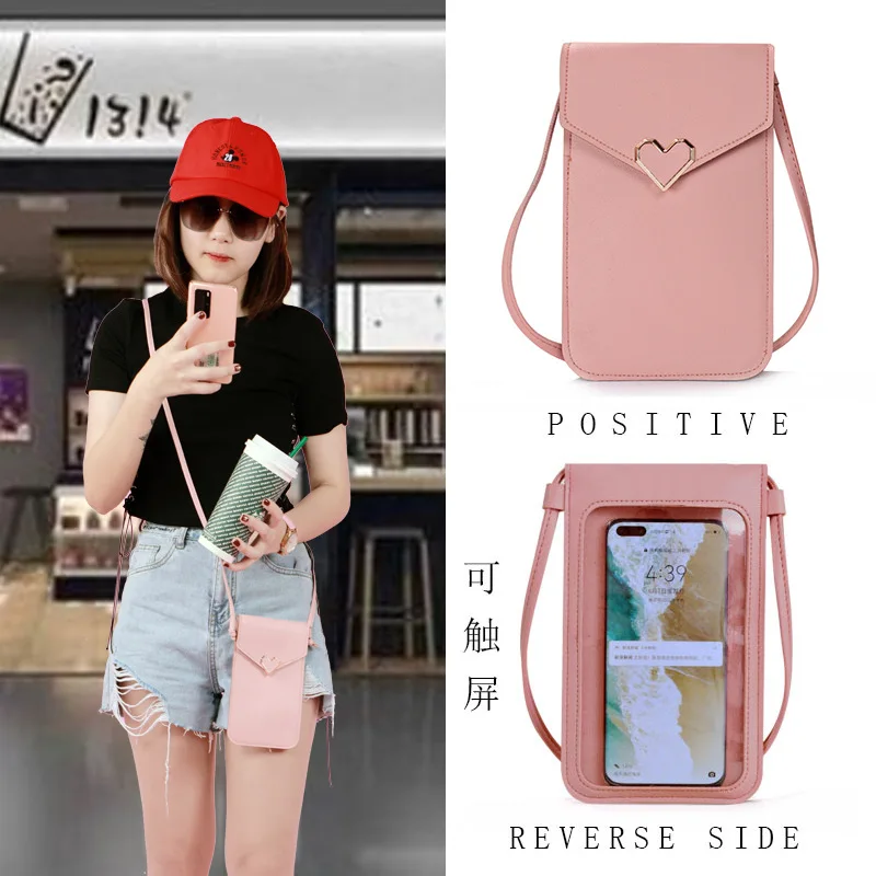 

2020 new student buckle small bag women's heart-shaped decoration transparent touch screen simple retro mobile phone bag