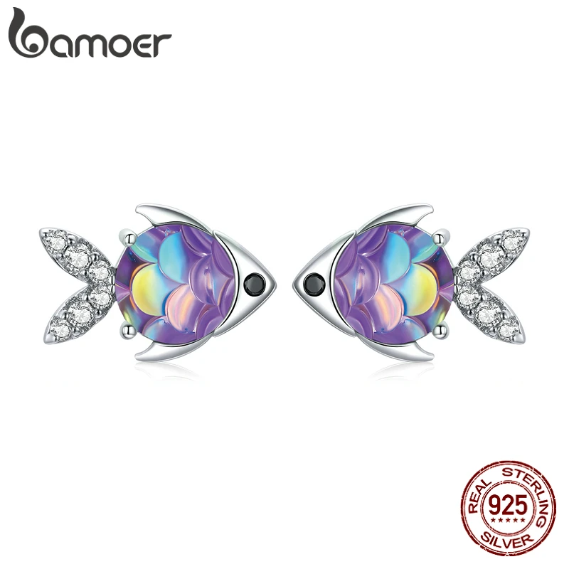 Bamoer Silver Fish Stud Earrings 100 925 Sterling Silver Happy Tropical Litte Fish Earring For Women