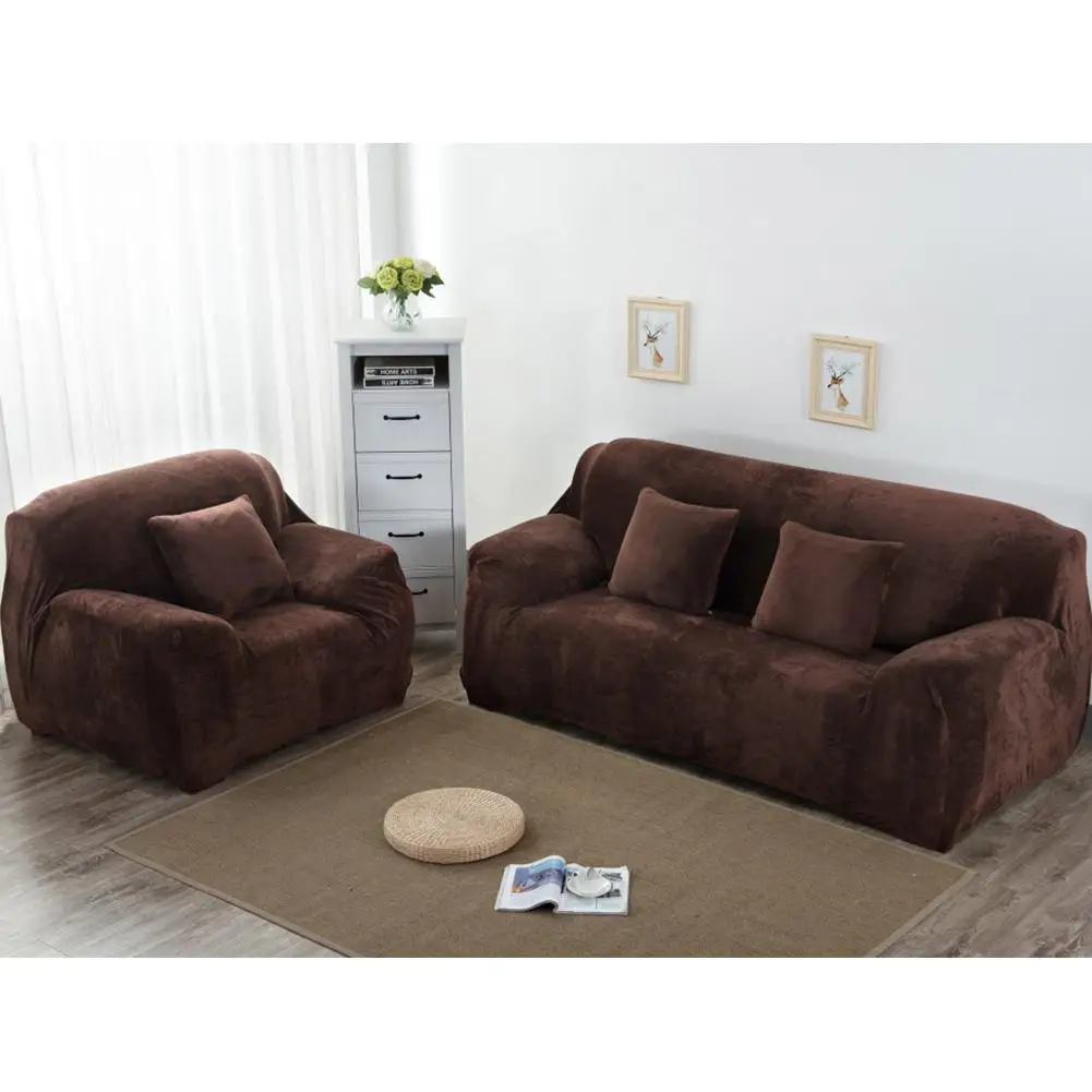 DishyKooker 1PC Plush Sofa Stretch Solid Color Thick Slipcover Sofa for Living Room