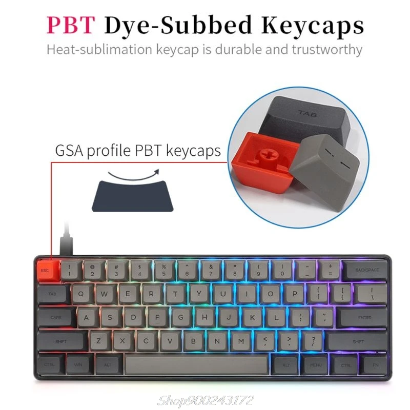 RGB LED Backlit Wired Mechanical Keyboard,Portable Compact Waterproof Mini Gaming Keyboard 61 PBT Keycaps Gateron Switcs Jy21 20