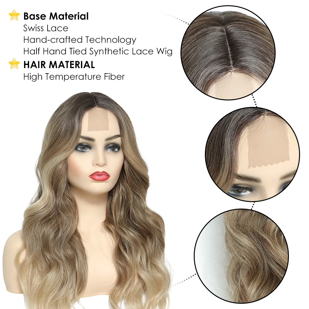 U.SHINE Ombre Brown Light Blonde Platinum Long Wavy Middle Part Hair Wig Cosplay Natural Heat Resistant Synthetic Wig for Women