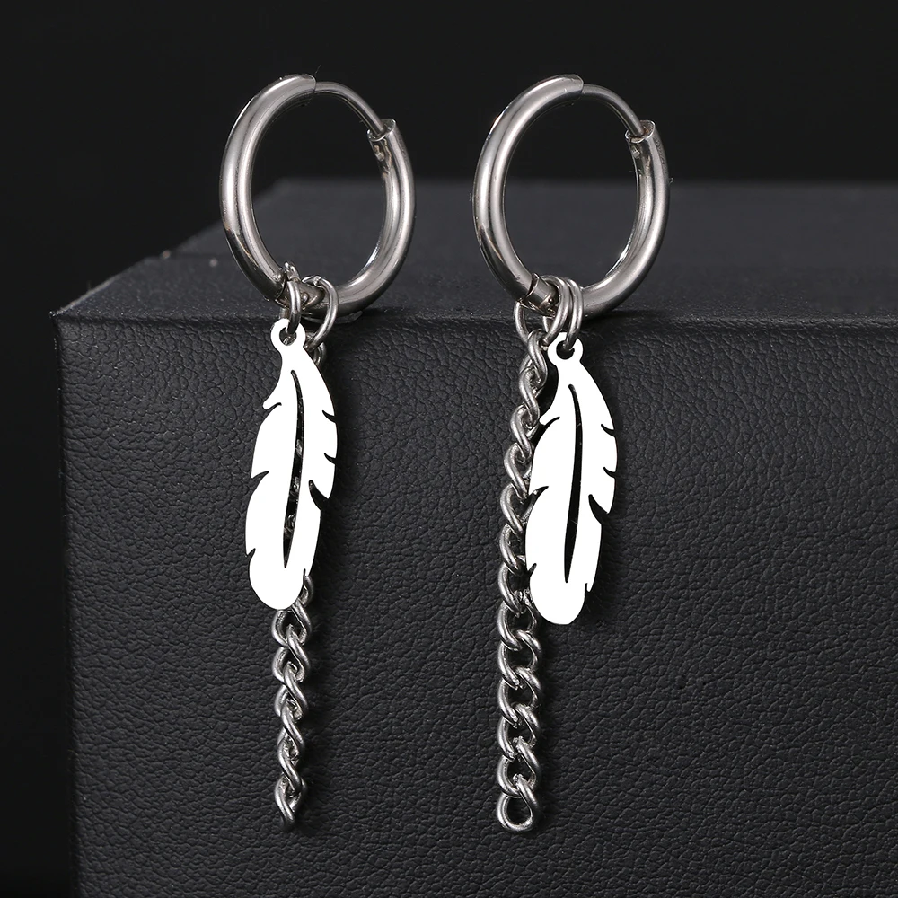 Stainless Steel Earrings Fashion Unisex Punk Gothic Feather Chain Hip Hop Pendant Earrings Women Jewelry Gifts