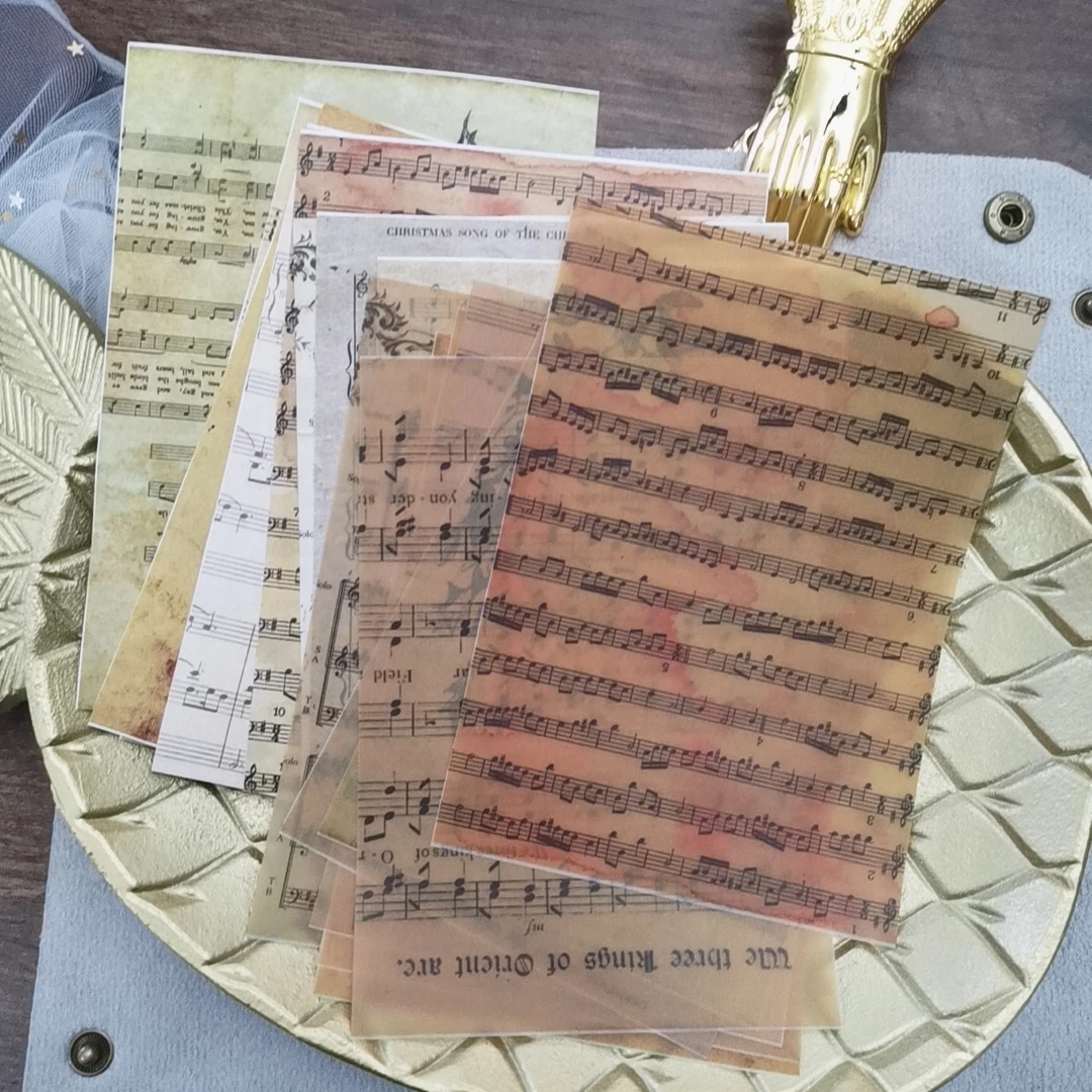 16pcs Vintage English Music Sheet Vellum Paper Pattern Pack for Scrapbooking Happy Planner Card Making Junk Journal Project