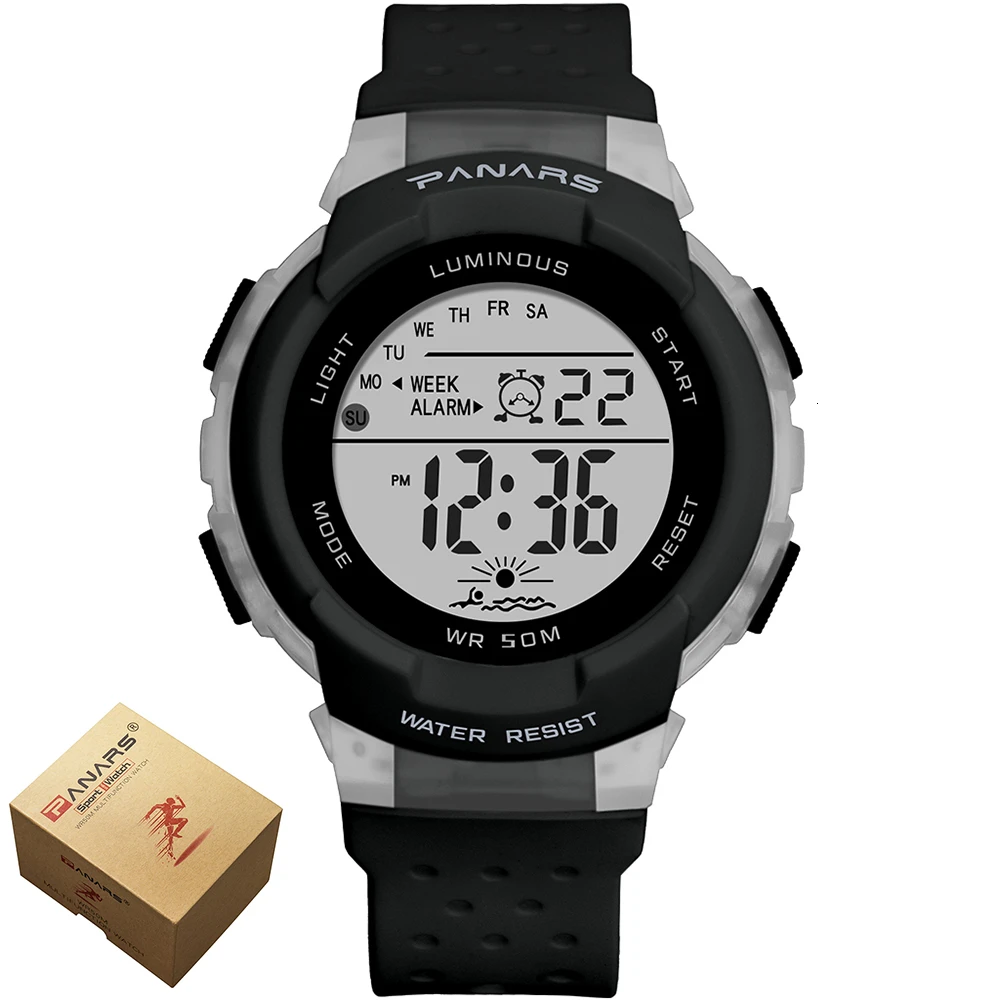 Black with box PANARS спортивные часы для детей, детские электронные часы, цветной светодиодный ночник, водонепроницаемые наручные часы для маленьких мальчиков, подарки для девочек - Цвет: Black with box