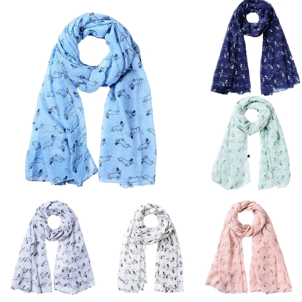 Женский шарф на весну и зиму, шелковые атласные тонкие шали, элегантные женские мягкие шифоновые шали с принтом собаки, шарфы