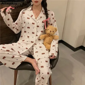 

Pajama Sets Womens Kawaii Printed Long Sleeve Soft Casual Full Length Trousers Lovely Autumn Home Wear Sleepwear Korean Style